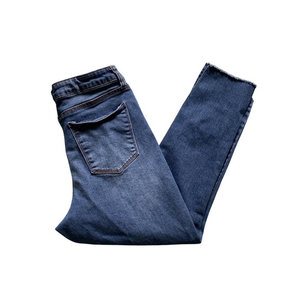 Distressed Raw Hem Dark Wash Skinny Jeans Ripped Knee Casual Denim Pants - Picture 1 of 2
